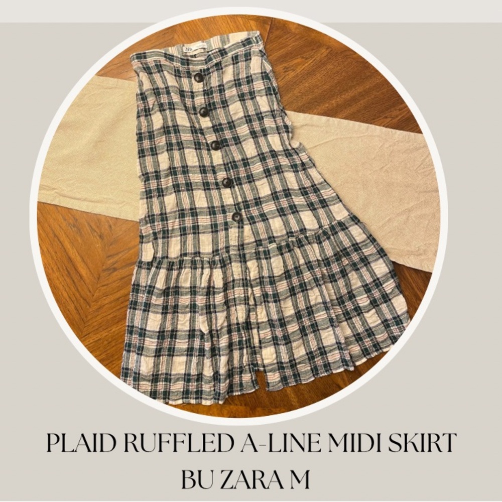 *LAST CALL* PLAID RUFFLED A-LINE MIDI SKIRT M